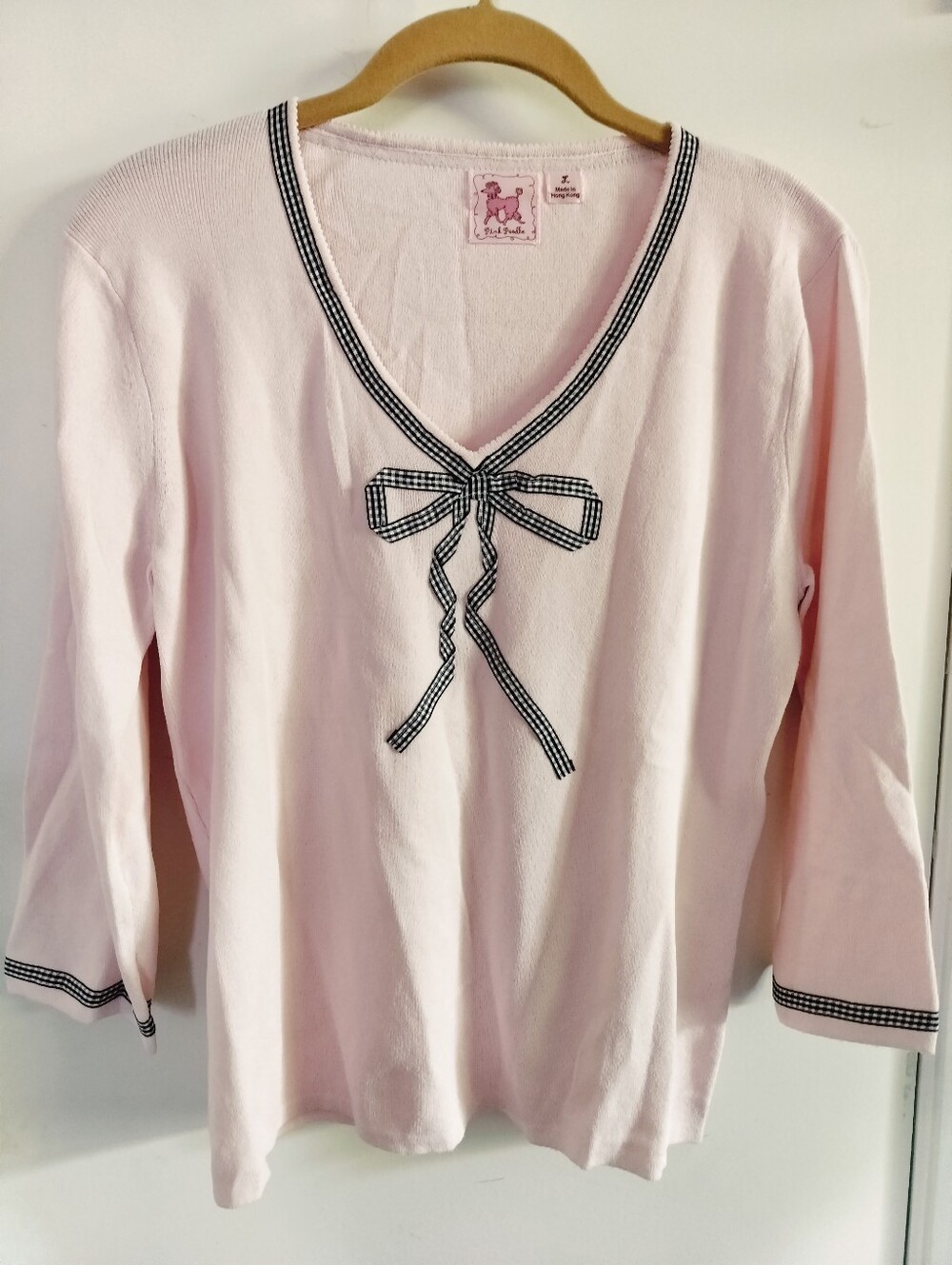 Pink Poodle Vintage Light Pink V-Neck Knit Sweater Gingham Bow Trim Size L